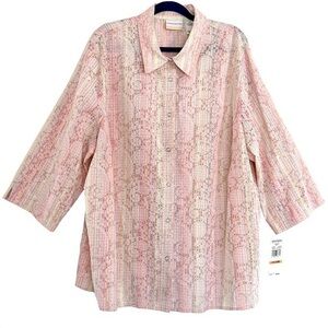 NEW Pastel Striped Paisley 3/4 Sleeve Snap Button Blouse Cottage Feminine 24W